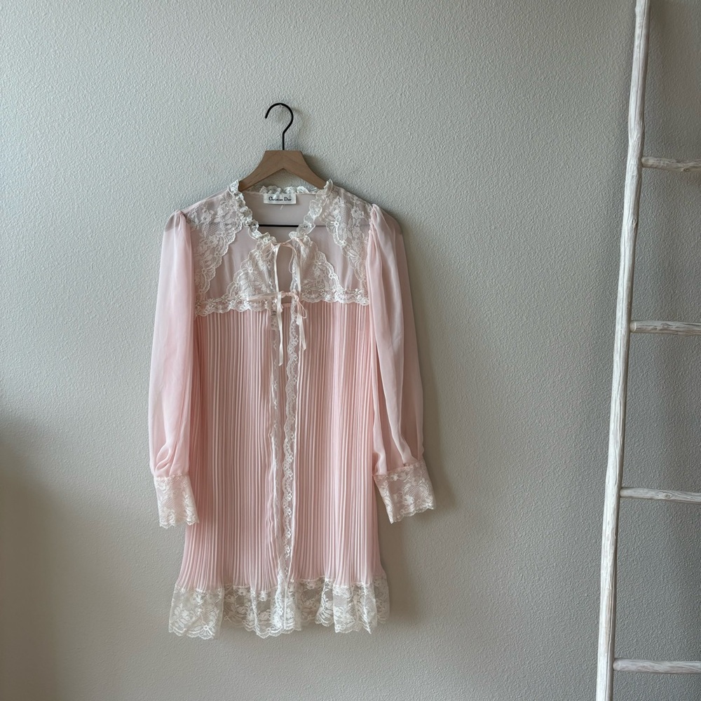 Vtg Christian Dior Pink Bow Lace Sheer Nightgown